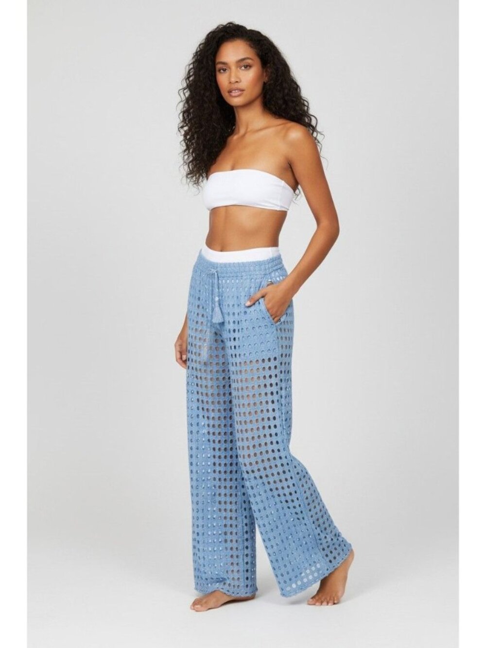 Dotti Women's Cotton Openwork Dot Drawstring-Waist Cover-up Pant, Light Blue